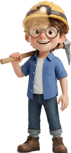 Cartoon kid in a yellow hard hat and glasses carrying a pickaxe