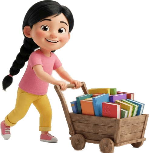 Cartoon girl with a long braid pushing a cart full of books